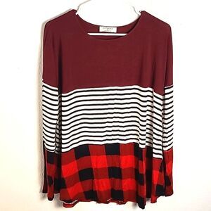 Zenana Colorblock Longsleeve T-Shirt, Maroon, Stripes & Checks, Size XL, NWOT